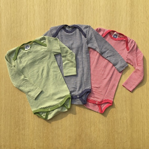 Stripy Long-Sleeved Baby-Body in Organic Merino Wool and Silk Stripy Long-Sleeved Baby-Body in Organic Merino Wool and Silk