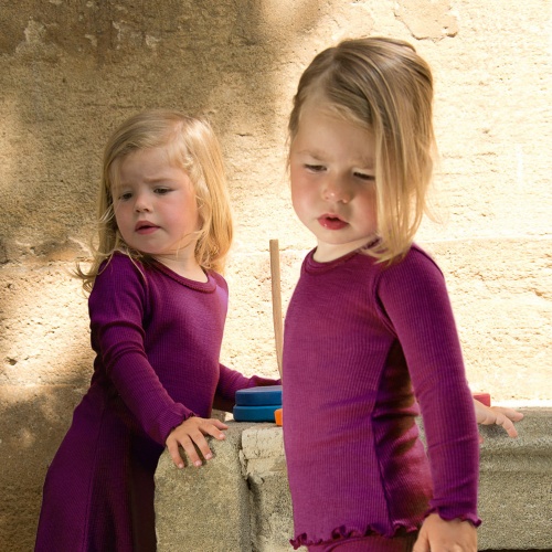 Girl's Long-Sleeved Ribbed Vest in Wool and Silk Girl's Long-Sleeved Ribbed Vest in Wool and Silk