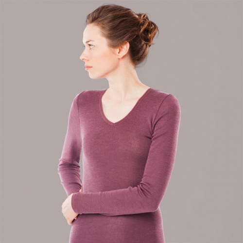 Extra-Soft Women's Long-Sleeved V-Neck Vest Top in Wool and Silk Extra-Soft Women's Long-Sleeved V-Neck Vest Top in Wool and Silk