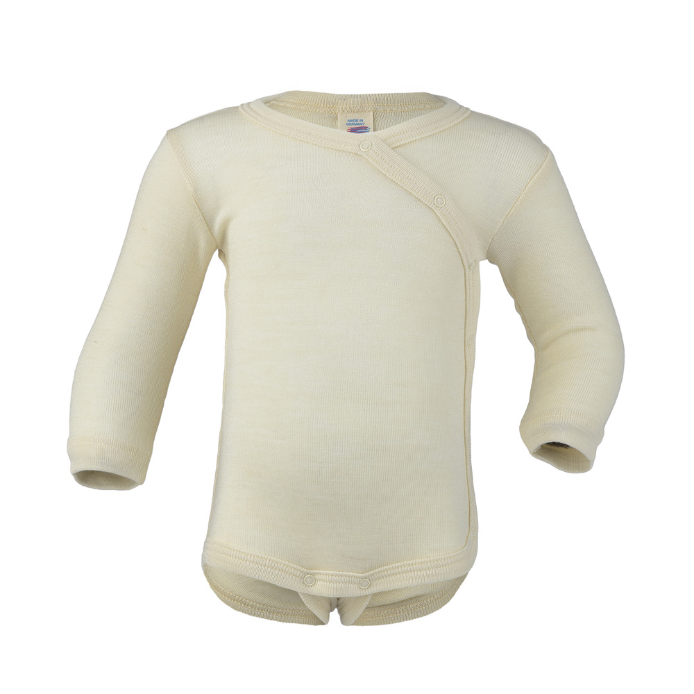 Silk & Wool Blend Wraparound Kimono baby bodysuit is wool and silk