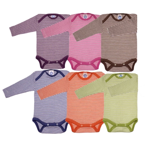 Stripy Long-Sleeved Baby-Body in Organic Merino Wool & Silk