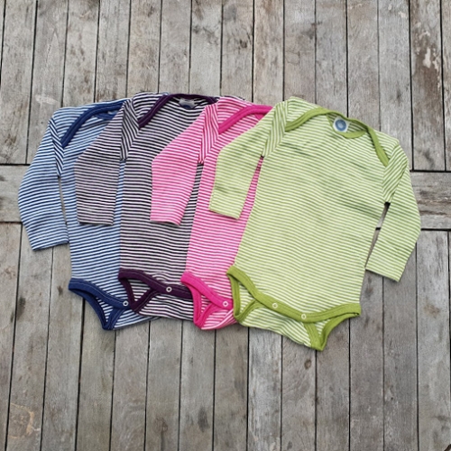 Stripy Long-Sleeved Baby-Body in Organic Merino Wool and Silk Stripy Long-Sleeved Baby-Body in Organic Merino Wool and Silk
