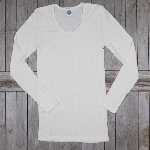 Ribbed Long-Sleeved Vest Top in Organic Cotton, Wool & Silk