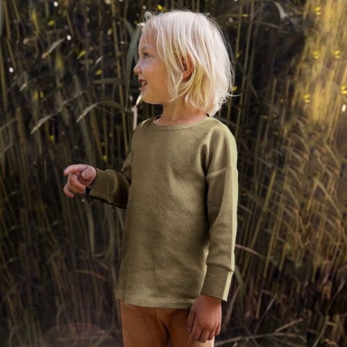 Long-Sleeved Soft Waffle Knit Top in Plant Dyed Organic Cotton