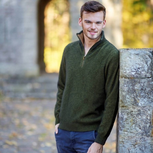 Men's Jumper with Zip in Merino Wool, Possum Hair and Silk