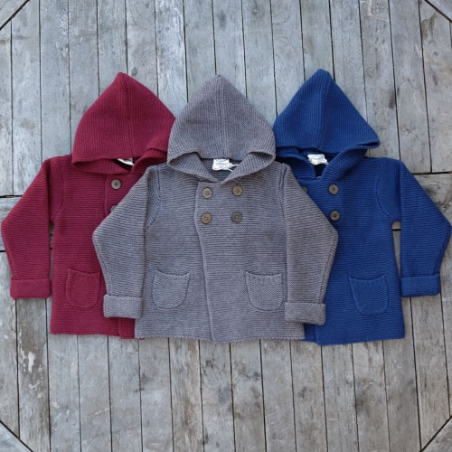 Hooded Baby Jacket In Organic Cotton & Wool Blend Hooded Baby Jacket In Organic Cotton & Wool Blend